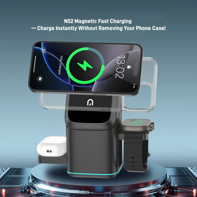 🔥Hot Sale🔥3-in-1 MagSafe Wireless Charging Station with Auto-Rotation – Works with iPhone, Samsung & All Qi-Enabled Devices